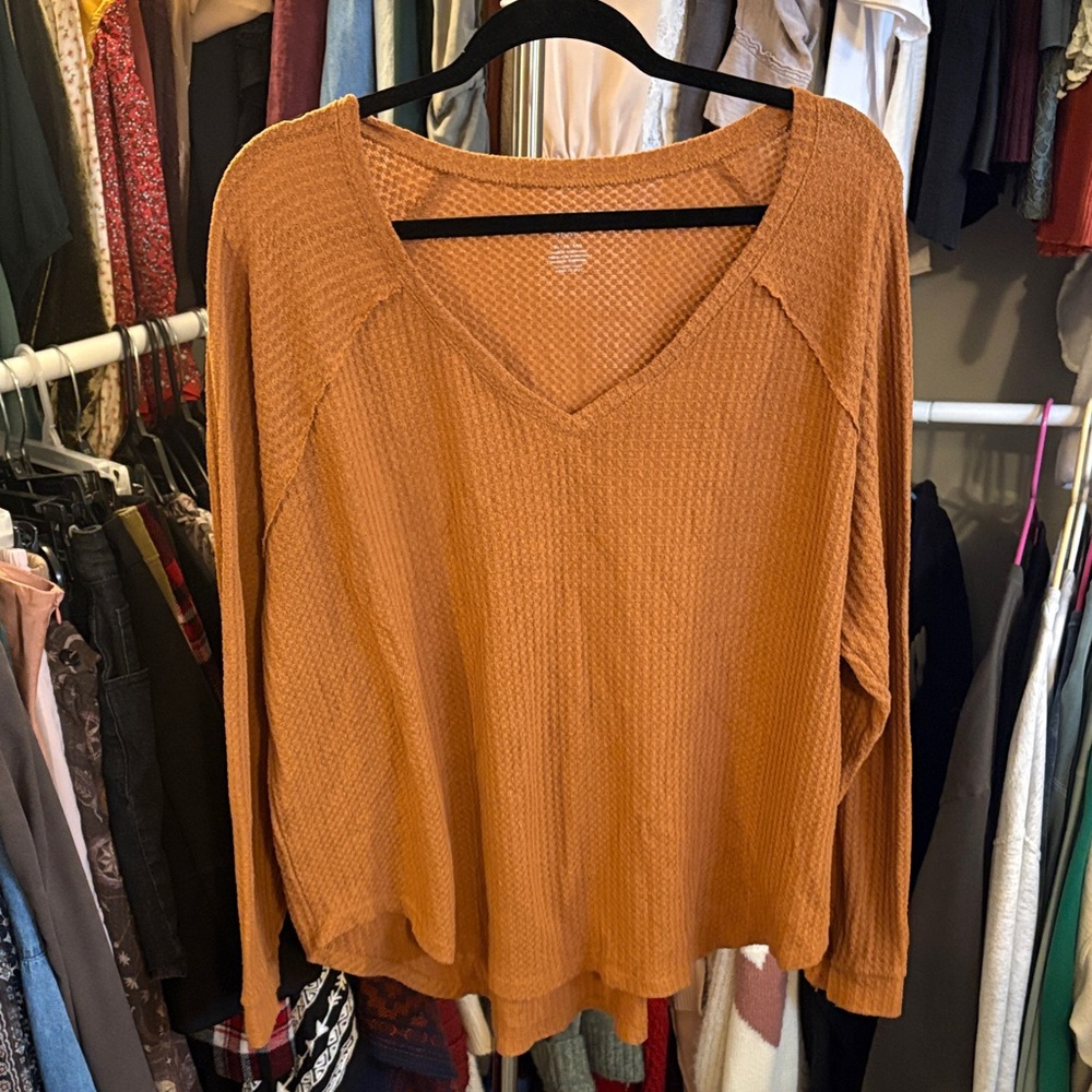 American Eagle Outfitters Waffle Knit V-Neck Top - Rust Orange